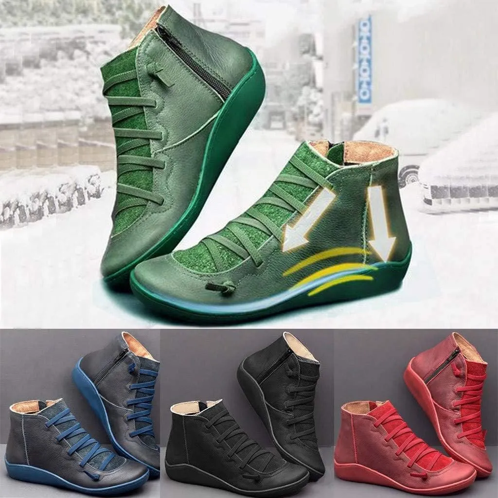 Ankle Boots for Women No Heel,2019 New Arch Support Boots Side Zipper Vintage Leather Damping Shoes Flat Heel Booties