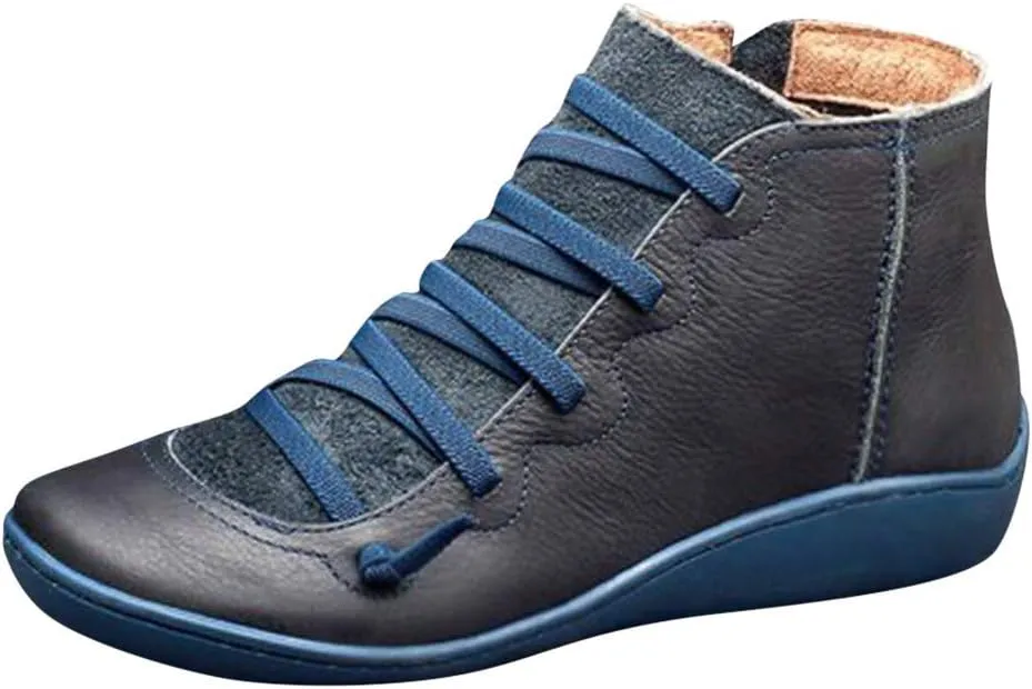 Ankle Boots for Women No Heel,2019 New Arch Support Boots Side Zipper Vintage Leather Damping Shoes Flat Heel Booties