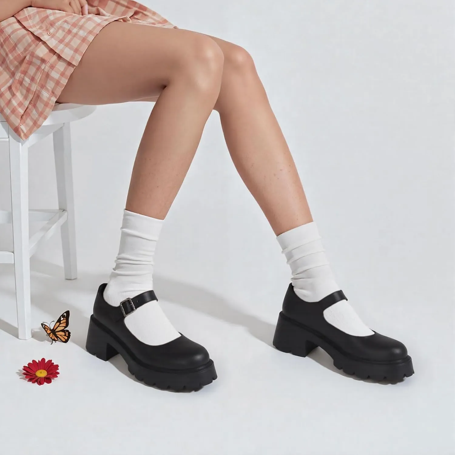AOSPHIRAYLIAN Mary Janes Platform Mary Janes for Women Round Toe Dress Shoes for Women Ankle Strap Chunky Heel Uniform Women's Pumps