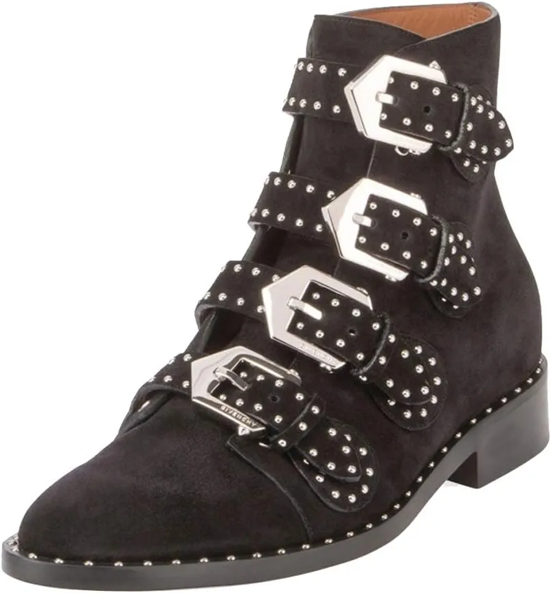 Arqa Studded Ankle Boots for Women Round Toe Rivet Buckle Strap Riding Boot Low Heel Motorcycle Booties