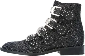 Arqa Studded Ankle Boots for Women Round Toe Rivet Buckle Strap Riding Boot Low Heel Motorcycle Booties