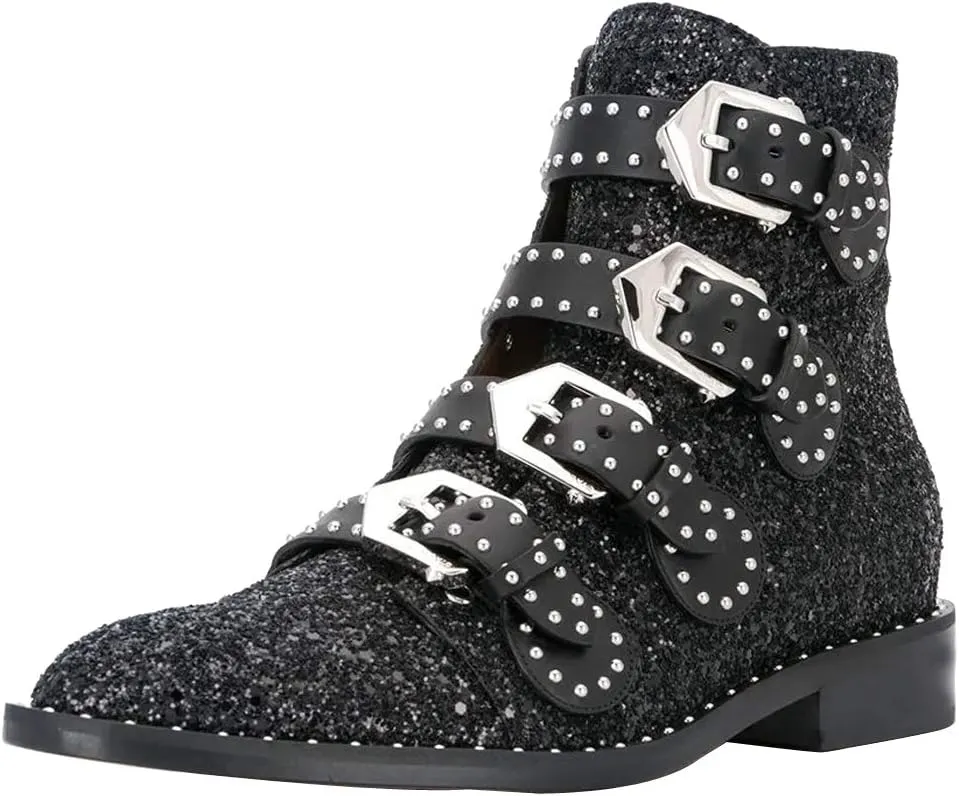 Arqa Studded Ankle Boots for Women Round Toe Rivet Buckle Strap Riding Boot Low Heel Motorcycle Booties