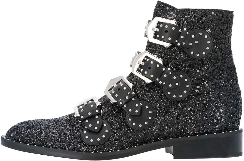 Arqa Studded Ankle Boots for Women Round Toe Rivet Buckle Strap Riding Boot Low Heel Motorcycle Booties