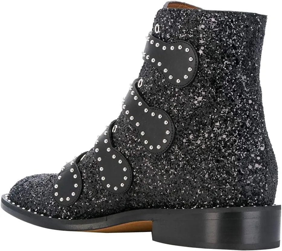 Arqa Studded Ankle Boots for Women Round Toe Rivet Buckle Strap Riding Boot Low Heel Motorcycle Booties