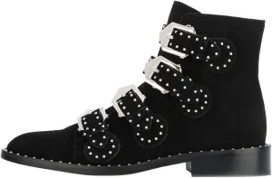 Arqa Studded Ankle Boots for Women Round Toe Rivet Buckle Strap Riding Boot Low Heel Motorcycle Booties