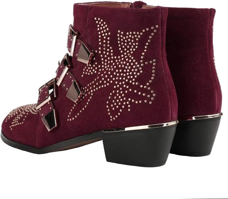 Arqa Women's Studded Ankle Boots Leather Multiple Buckle Chunky Heel Booties Almond Toe Zipper Punk Boot