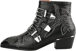 Arqa Women's Studded Ankle Boots Leather Multiple Buckle Chunky Heel Booties Almond Toe Zipper Punk Boot