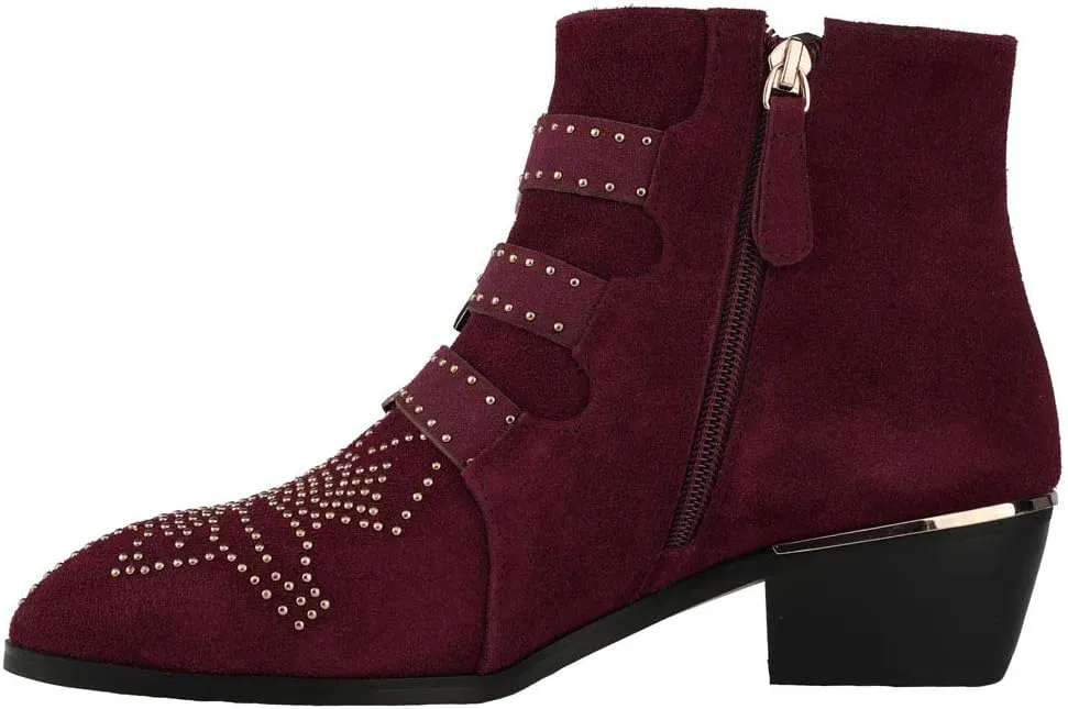 Arqa Women's Studded Ankle Boots Leather Multiple Buckle Chunky Heel Booties Almond Toe Zipper Punk Boot