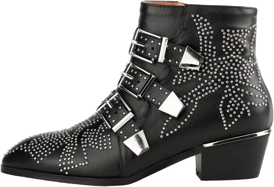 Arqa Women's Studded Ankle Boots Leather Multiple Buckle Chunky Heel Booties Almond Toe Zipper Punk Boot
