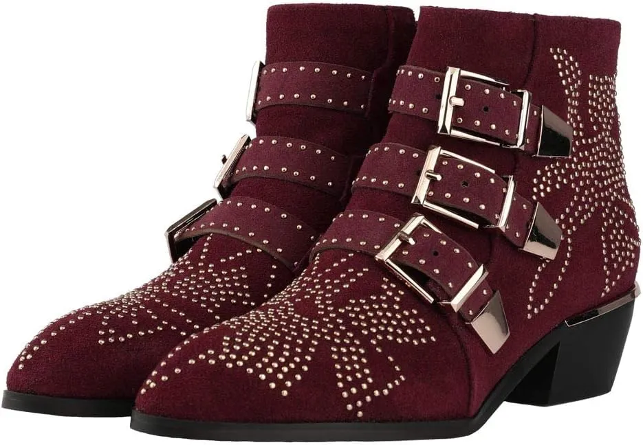 Arqa Women's Studded Ankle Boots Leather Multiple Buckle Chunky Heel Booties Almond Toe Zipper Punk Boot