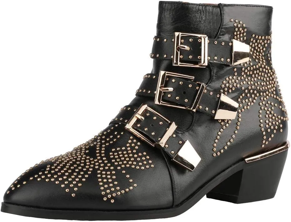 Arqa Women's Studded Ankle Boots Leather Multiple Buckle Chunky Heel Booties Almond Toe Zipper Punk Boot