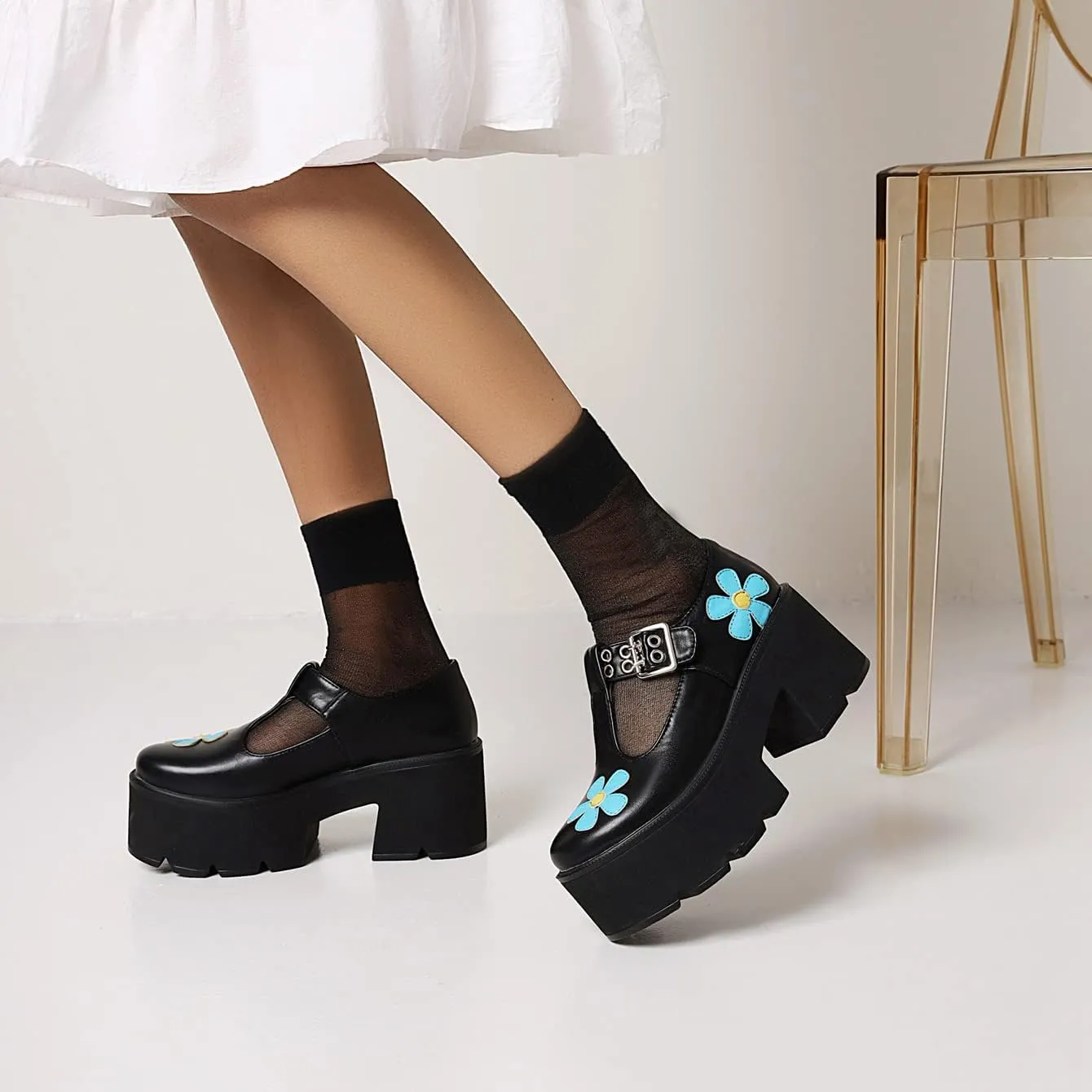 Betastella Women's T Strap Platform Mary Janes Goth Wedge Wingtips Vintage Gothic Shoes