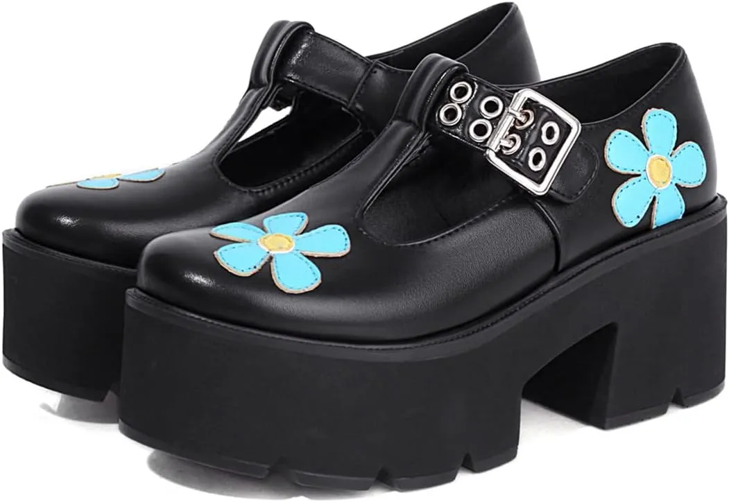 Betastella Women's T Strap Platform Mary Janes Goth Wedge Wingtips Vintage Gothic Shoes