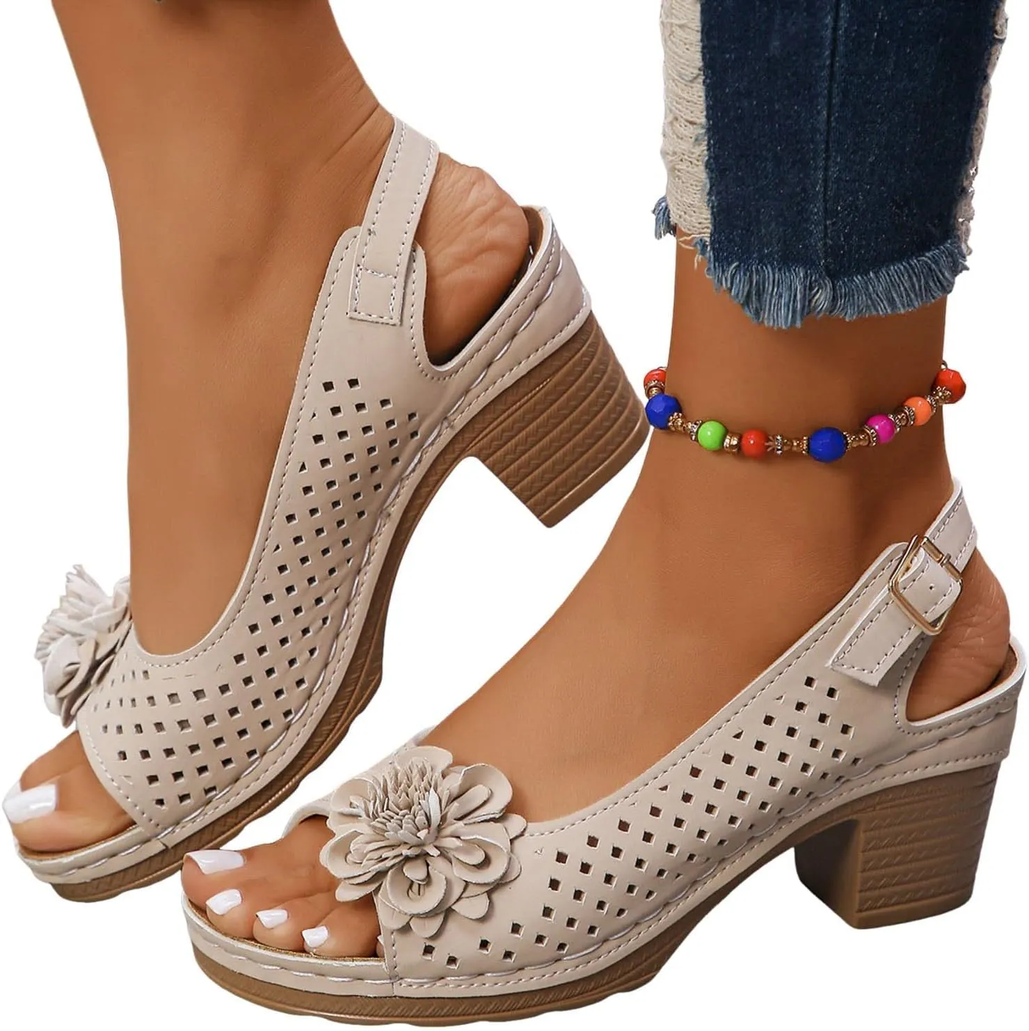 Block Heel Sandals for Women 2025,Womens Chunky High Heels Fish Mouth Flowers Summer Dressy Casual Ankle Strap Hollow Out Dress Platform Wedge Sandal Comfort Comfortable Shoes for Daily Wear