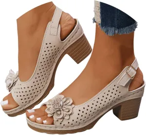 Block Heel Sandals for Women 2025,Womens Chunky High Heels Fish Mouth Flowers Summer Dressy Casual Ankle Strap Hollow Out Dress Platform Wedge Sandal Comfort Comfortable Shoes for Daily Wear