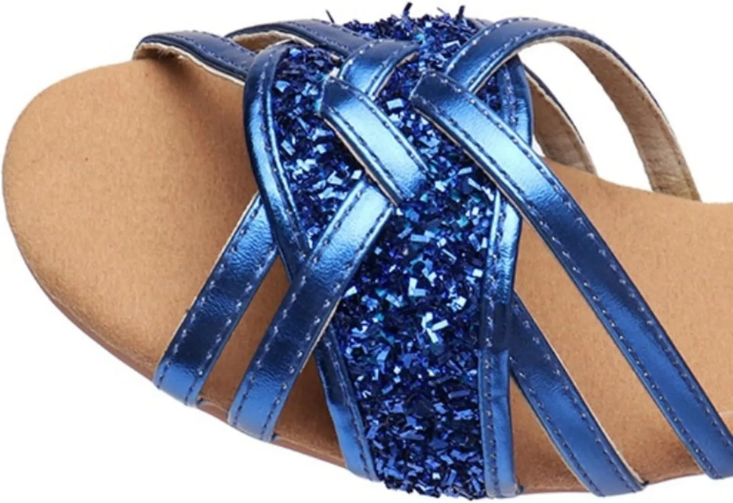 Blue Glitter Heels for Girl Kids Open Toe Sandals Adjustable Ankle Strap Sequins Princess Dress Shoes Latin Dance