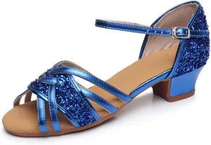 Blue Glitter Heels for Girl Kids Open Toe Sandals Adjustable Ankle Strap Sequins Princess Dress Shoes Latin Dance