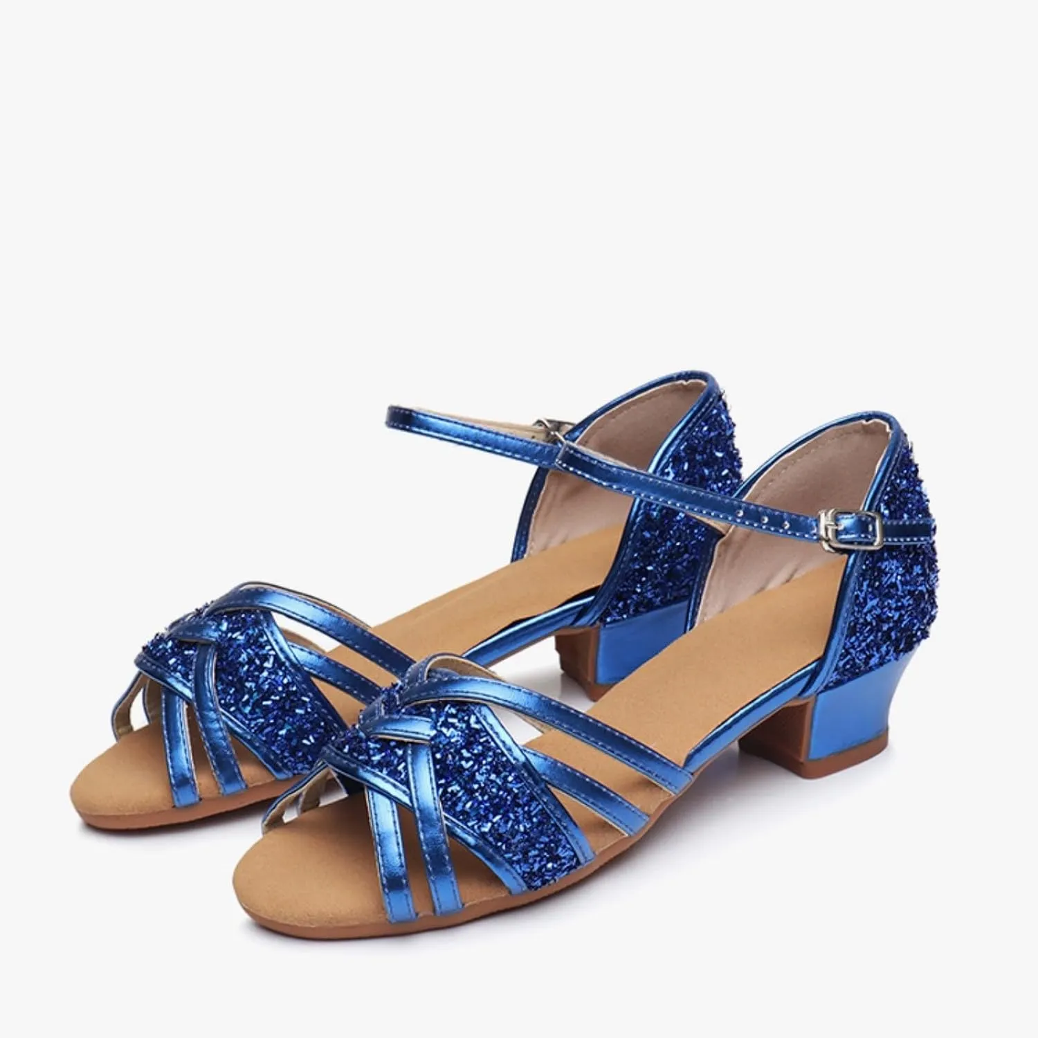 Blue Glitter Heels for Girl Kids Open Toe Sandals Adjustable Ankle Strap Sequins Princess Dress Shoes Latin Dance