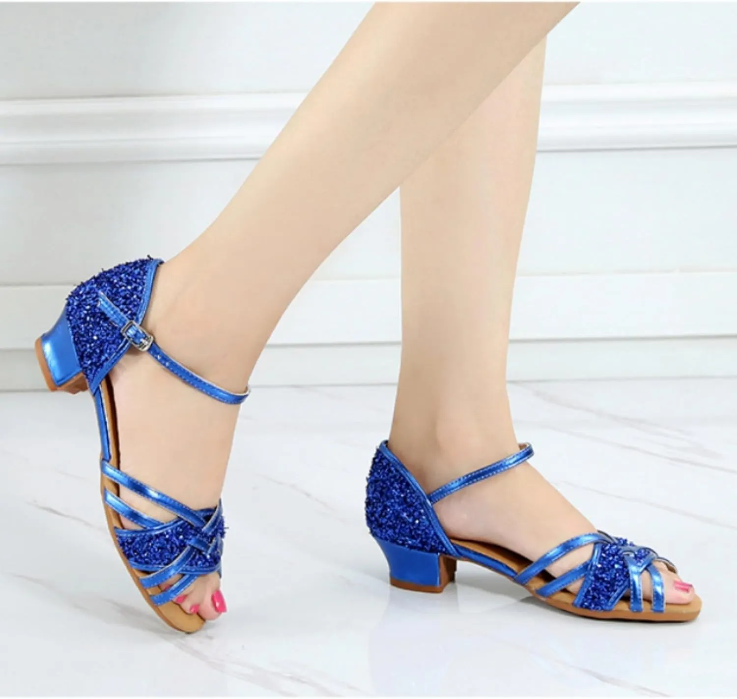 Blue Glitter Heels for Girl Kids Open Toe Sandals Adjustable Ankle Strap Sequins Princess Dress Shoes Latin Dance