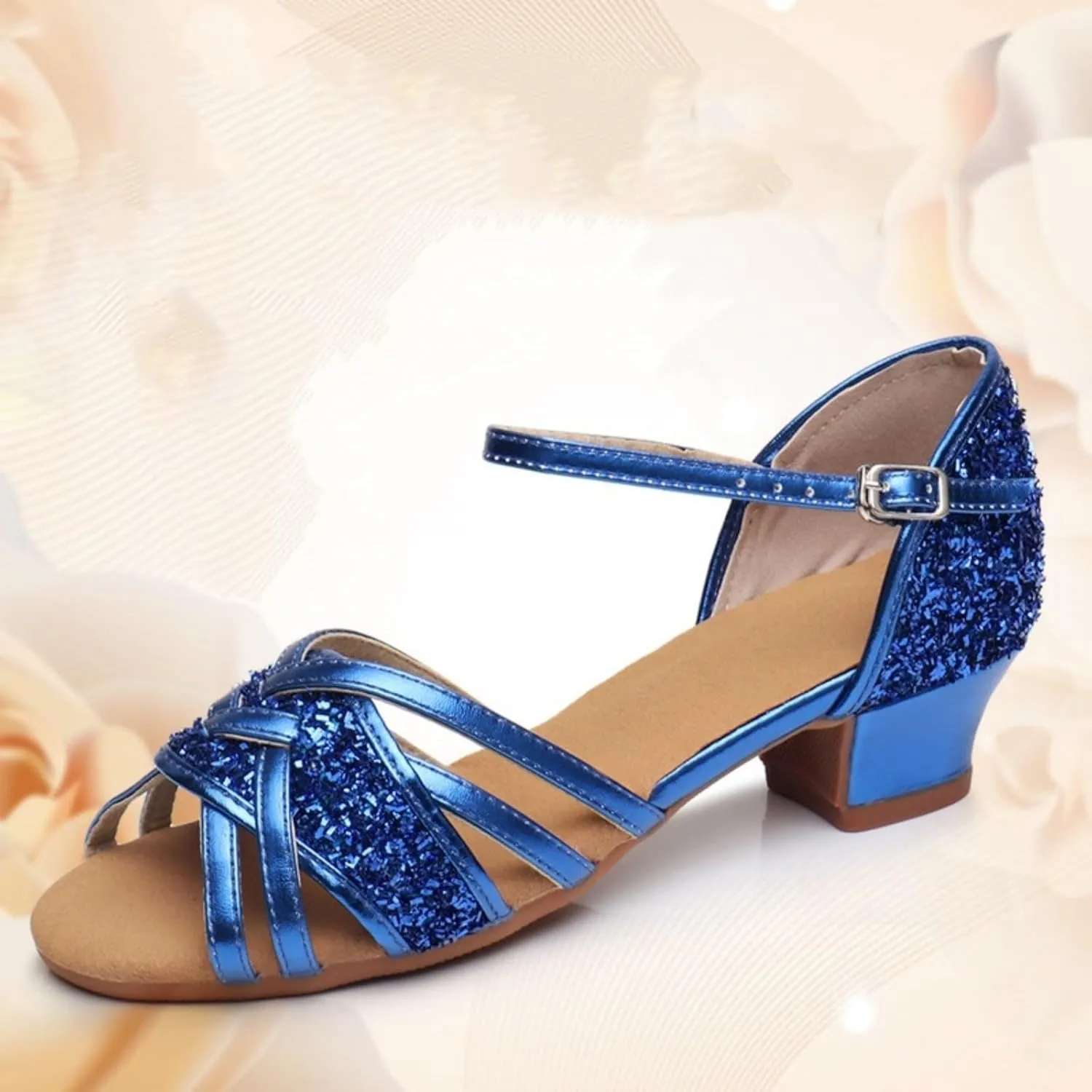 Blue Glitter Heels for Girl Kids Open Toe Sandals Adjustable Ankle Strap Sequins Princess Dress Shoes Latin Dance