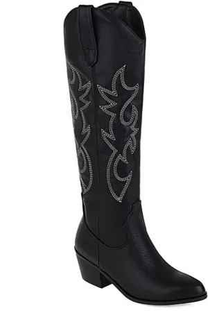 Boots For Women Fashion Dressy Low Heel Cowboy Western Cowgirl Boots Fashion Retro Classic Knee High Embroidered Boots