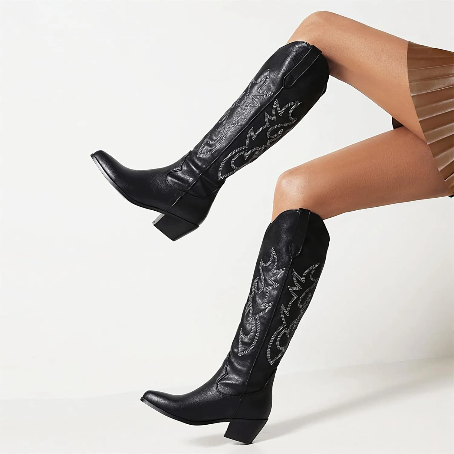 Boots For Women Fashion Dressy Low Heel Cowboy Western Cowgirl Boots Fashion Retro Classic Knee High Embroidered Boots