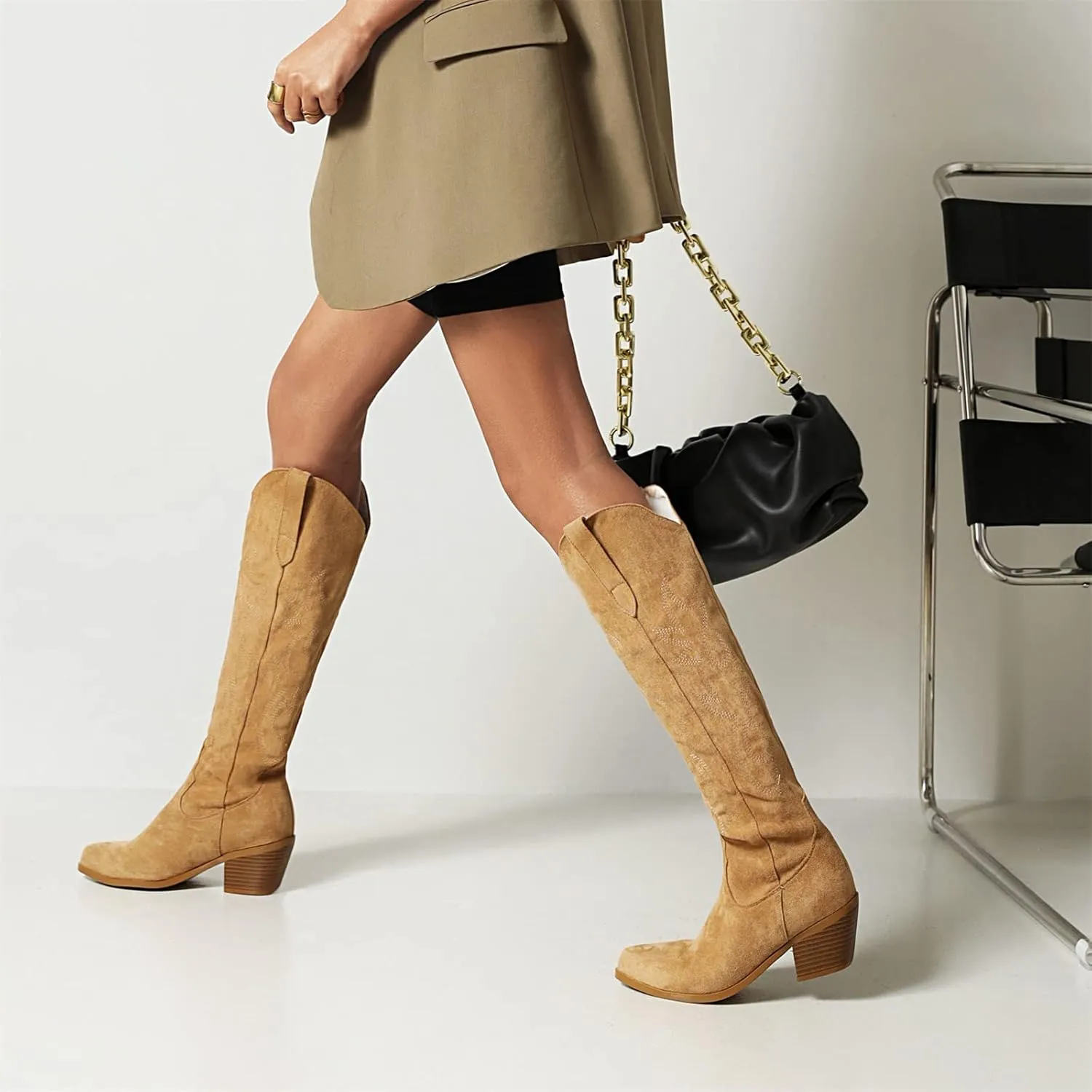 Boots For Women Fashion Dressy Low Heel Cowboy Western Cowgirl Boots Fashion Retro Classic Knee High Embroidered Boots