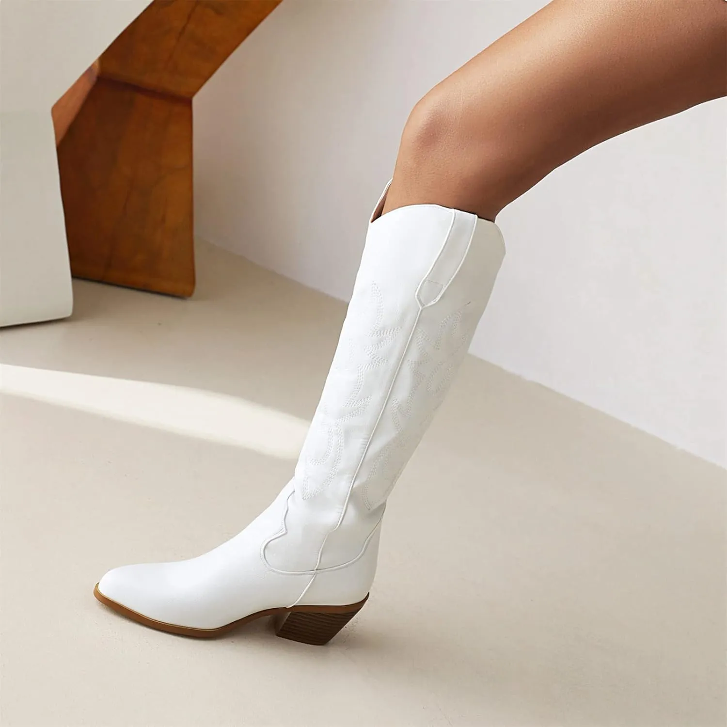 Boots For Women Fashion Dressy Low Heel Cowboy Western Cowgirl Boots Fashion Retro Classic Knee High Embroidered Boots