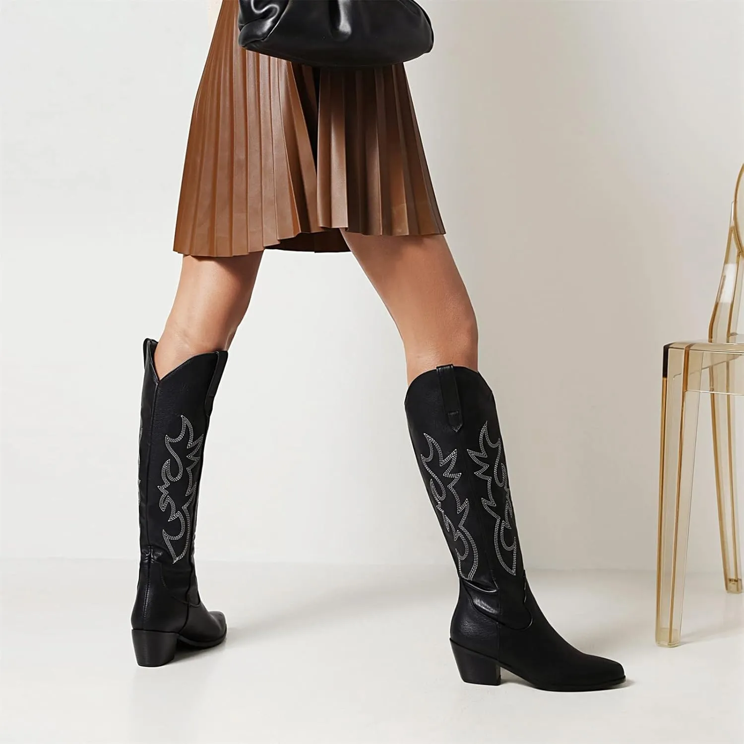Boots For Women Fashion Dressy Low Heel Cowboy Western Cowgirl Boots Fashion Retro Classic Knee High Embroidered Boots