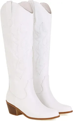Boots For Women Fashion Dressy Low Heel Cowboy Western Cowgirl Boots Fashion Retro Classic Knee High Embroidered Boots