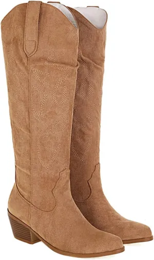 Boots For Women Fashion Dressy Low Heel Cowboy Western Cowgirl Boots Fashion Retro Classic Knee High Embroidered Boots