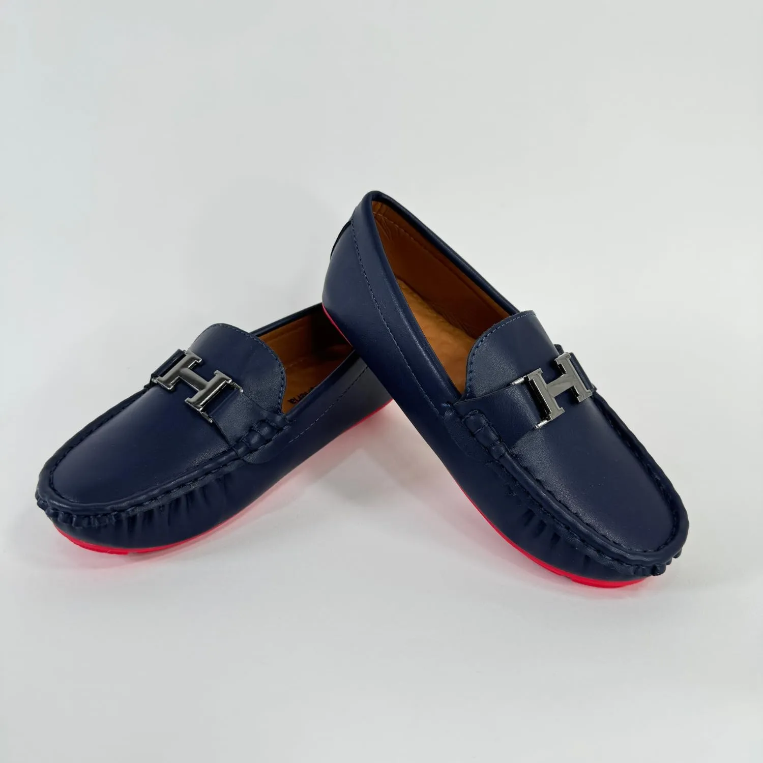 Boys' Leather Loafers with Red Sole and Metallic Accent