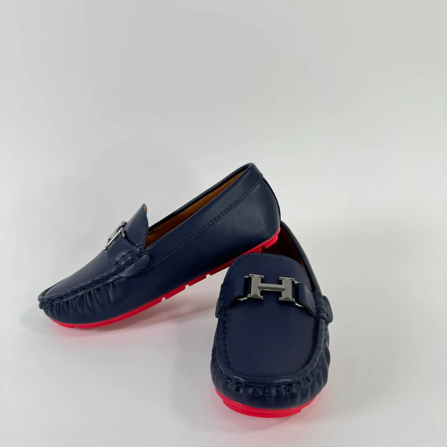 Boys' Leather Loafers with Red Sole and Metallic Accent