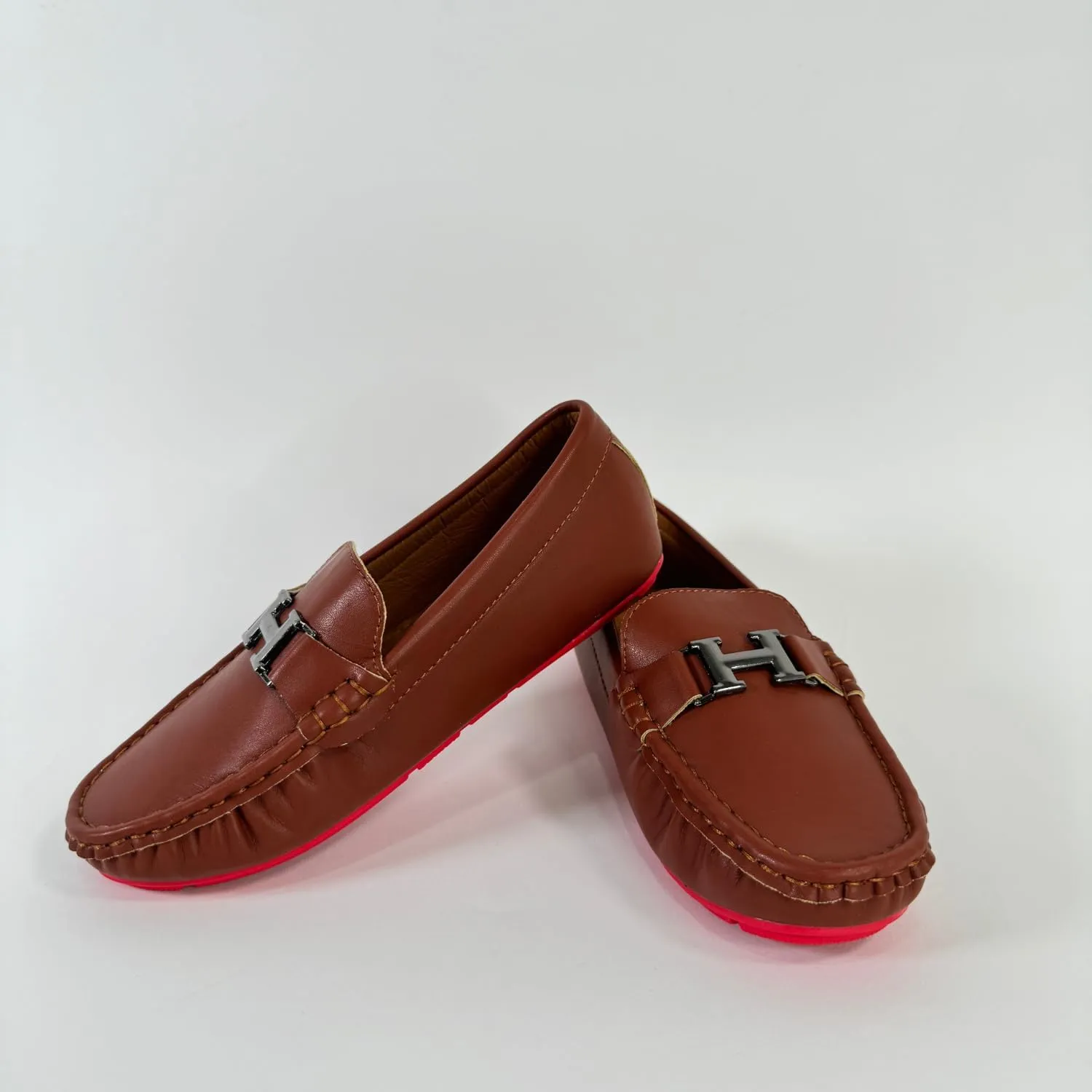 Boys' Leather Loafers with Red Sole and Metallic Accent