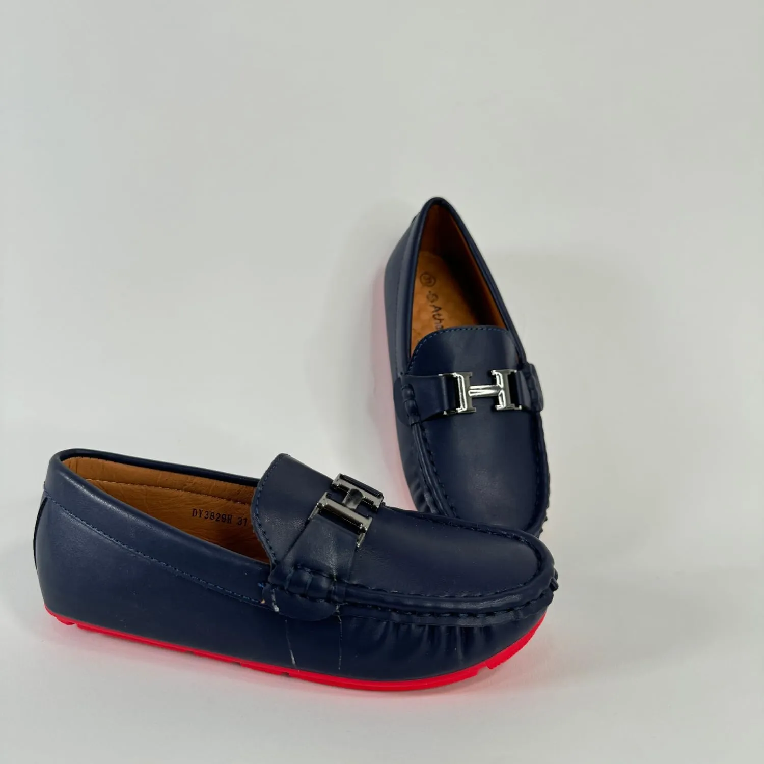 Boys' Leather Loafers with Red Sole and Metallic Accent