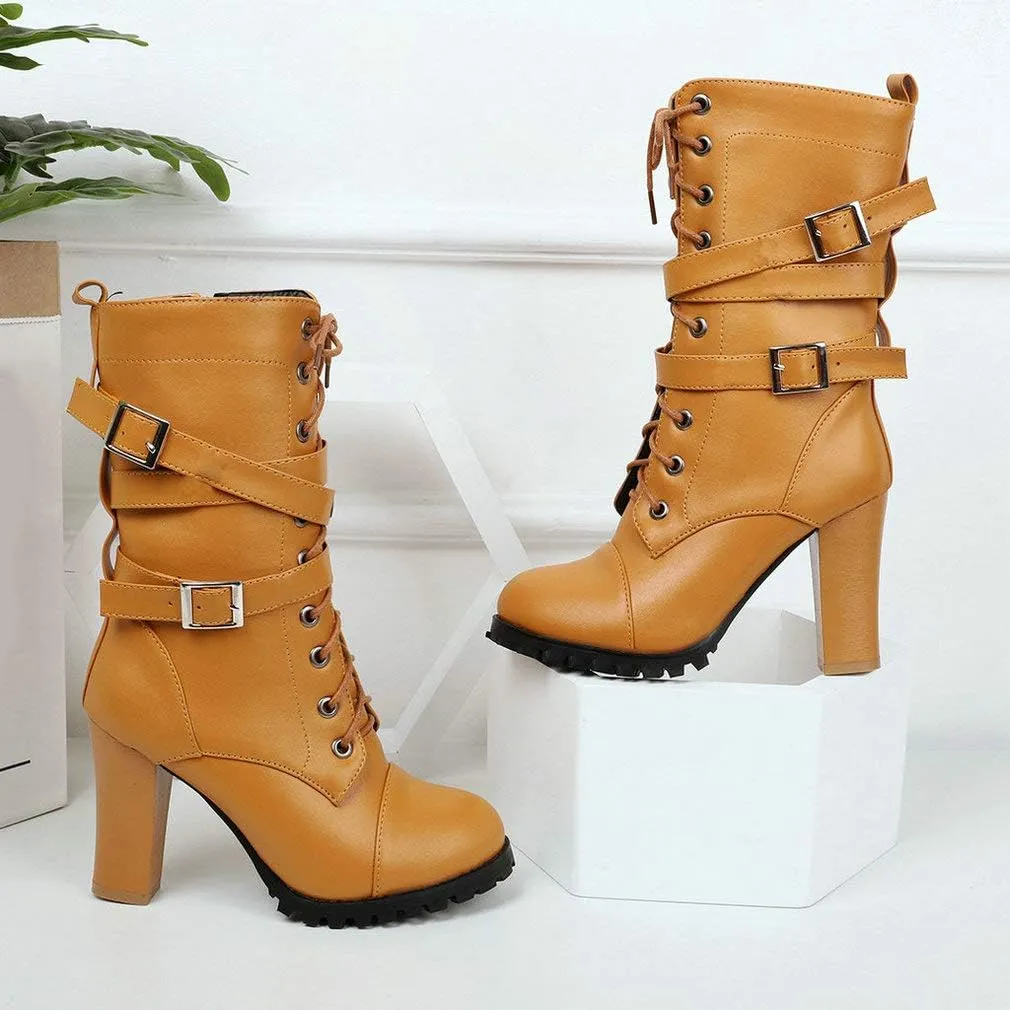 Caradise Womens Lace Up Mid Calf Goth Chunky Heel Combat Boots with Buckles