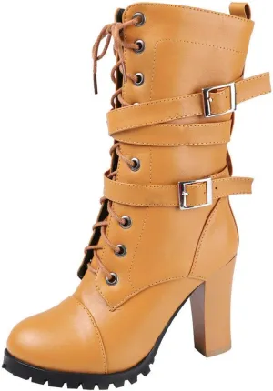 Caradise Womens Lace Up Mid Calf Goth Chunky Heel Combat Boots with Buckles