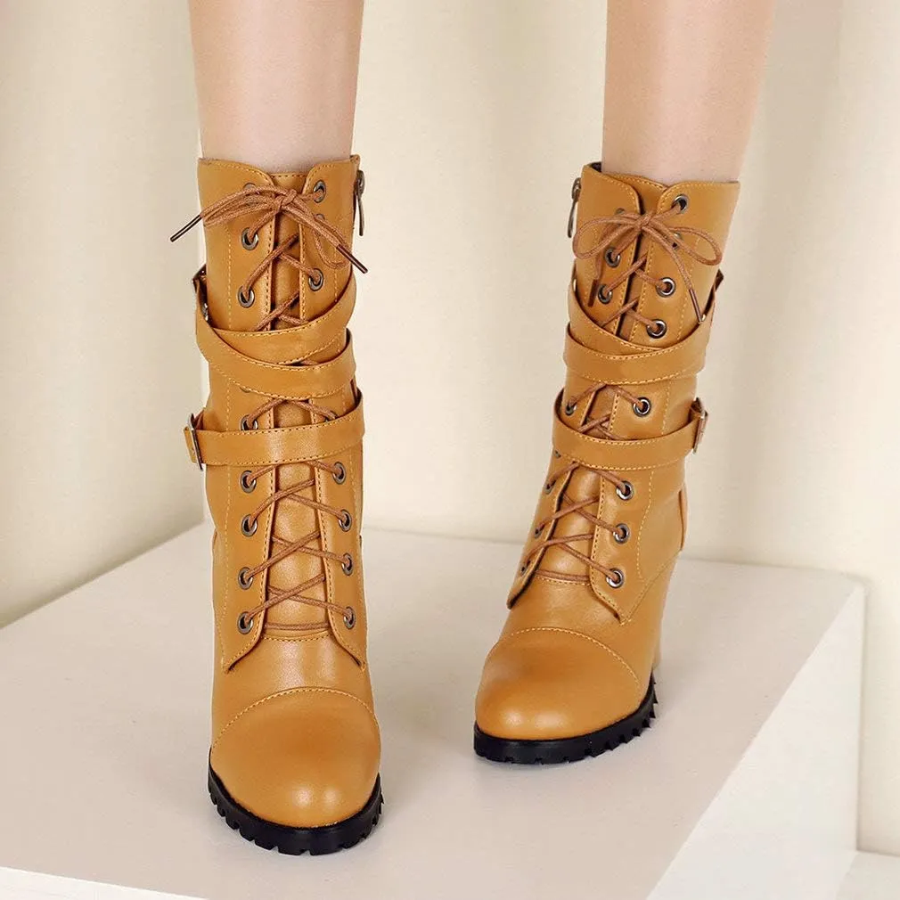 Caradise Womens Lace Up Mid Calf Goth Chunky Heel Combat Boots with Buckles