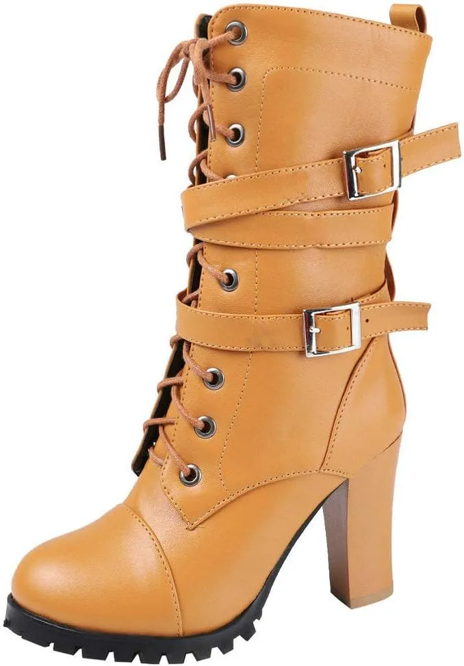 Caradise Womens Lace Up Mid Calf Goth Chunky Heel Combat Boots with Buckles