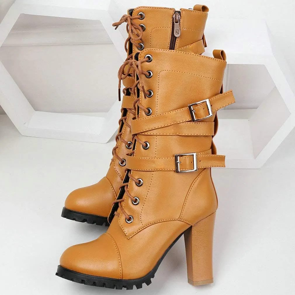 Caradise Womens Lace Up Mid Calf Goth Chunky Heel Combat Boots with Buckles