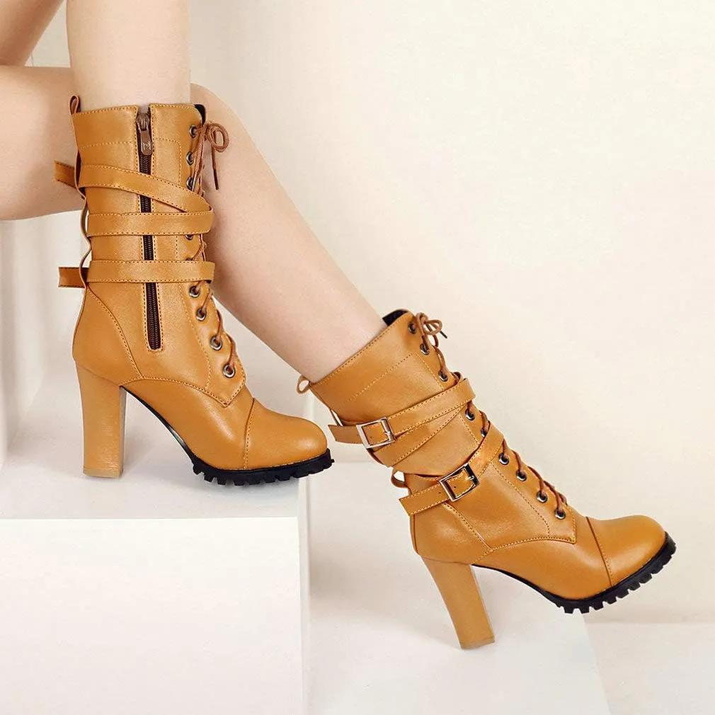 Caradise Womens Lace Up Mid Calf Goth Chunky Heel Combat Boots with Buckles