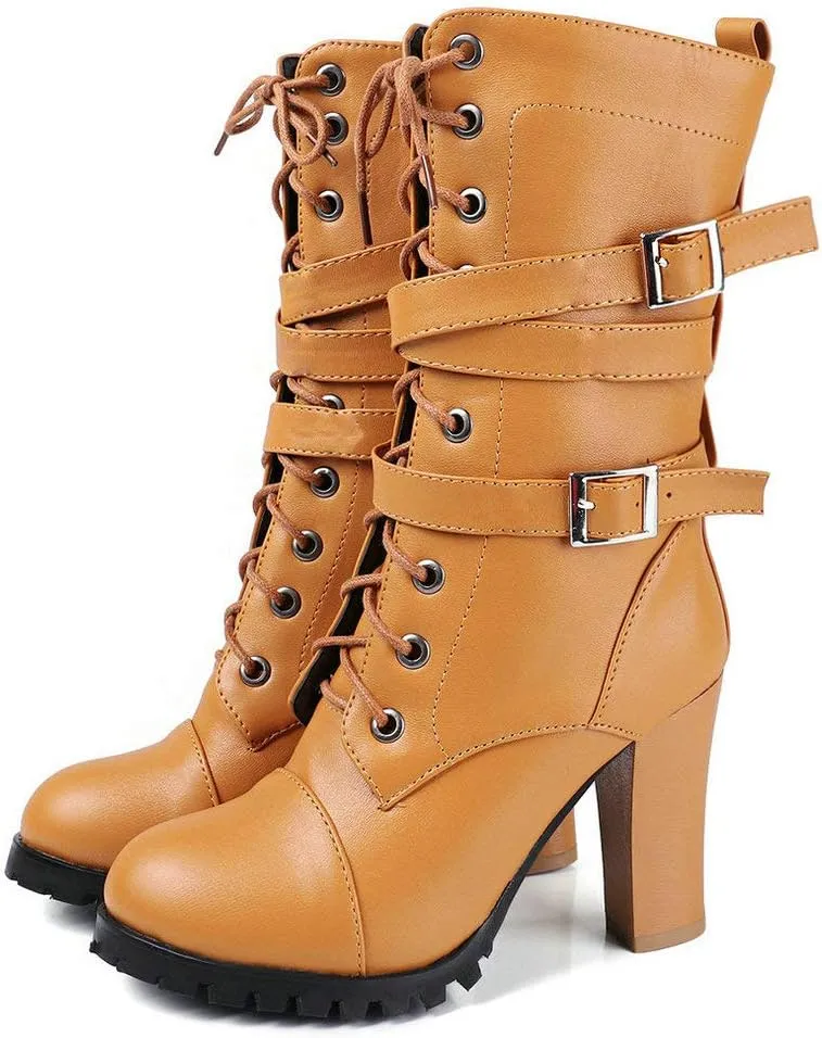 Caradise Womens Lace Up Mid Calf Goth Chunky Heel Combat Boots with Buckles