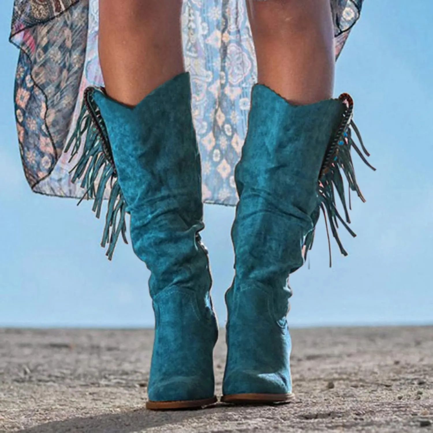 Combat Boots Womens Casual Square Heel Thigh High Boots Tassel Knee High Boots Suede Pull On Tall Bootie
