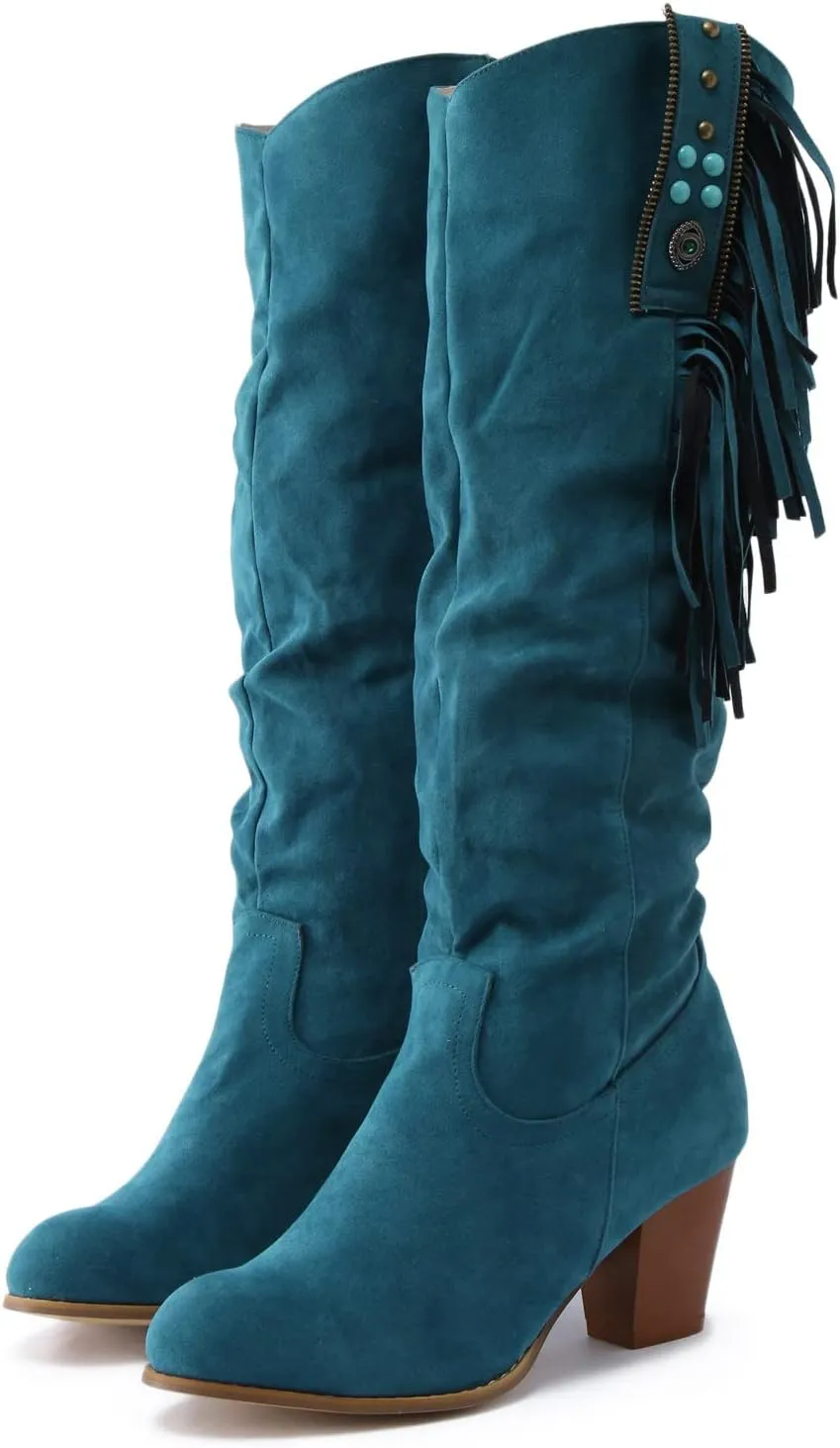 Combat Boots Womens Casual Square Heel Thigh High Boots Tassel Knee High Boots Suede Pull On Tall Bootie