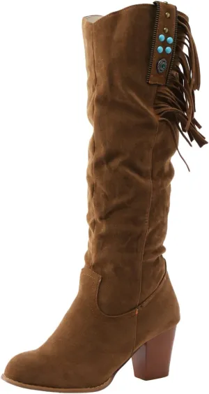 Combat Boots Womens Casual Square Heel Thigh High Boots Tassel Knee High Boots Suede Pull On Tall Bootie