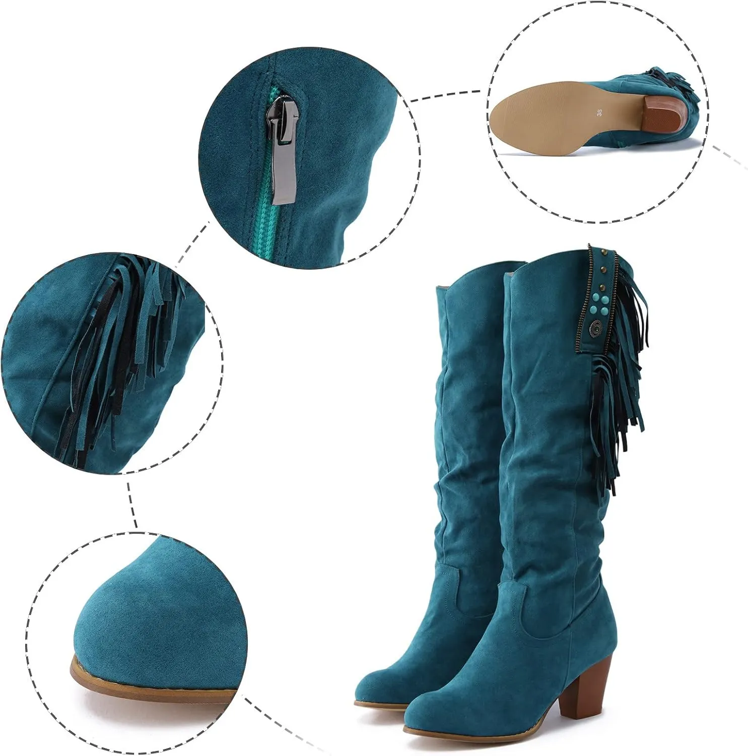 Combat Boots Womens Casual Square Heel Thigh High Boots Tassel Knee High Boots Suede Pull On Tall Bootie