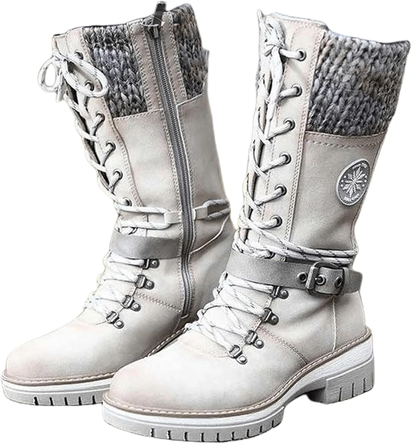 Combat Boots Womens Mid Calf Riding Fashion Winter Boots Side Zipper Low Heel Motorcycle Military Biker Ankle Booties