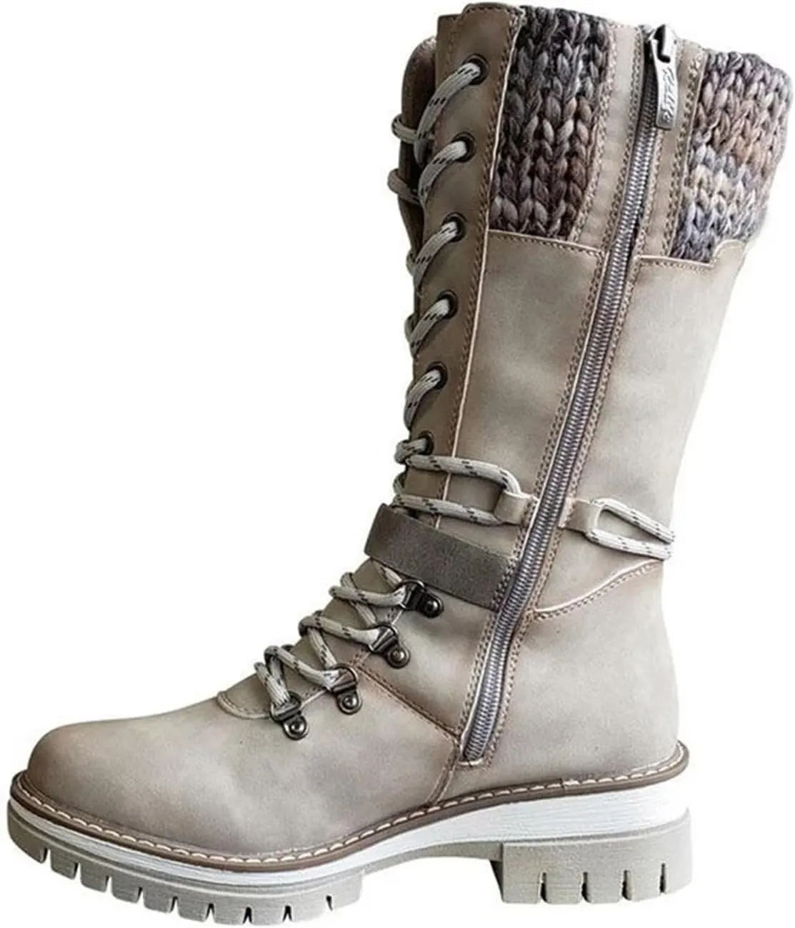 Combat Boots Womens Mid Calf Riding Fashion Winter Boots Side Zipper Low Heel Motorcycle Military Biker Ankle Booties