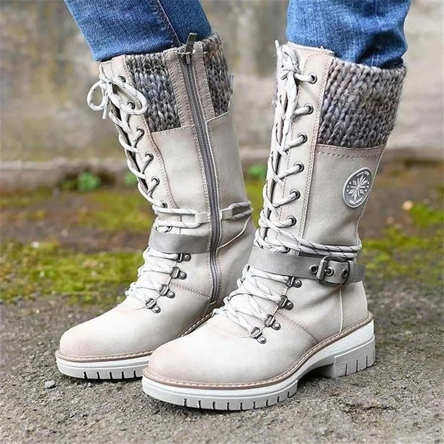 Combat Boots Womens Mid Calf Riding Fashion Winter Boots Side Zipper Low Heel Motorcycle Military Biker Ankle Booties