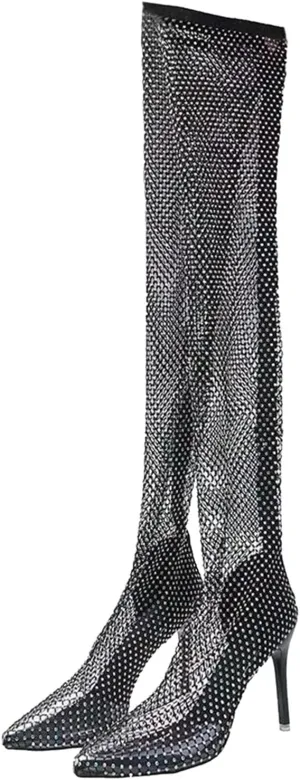 Combat Boots Womens Sexy See Through Rhinestone Over Knee Boots Fishnet Mesh High Heel Tall Long Boots